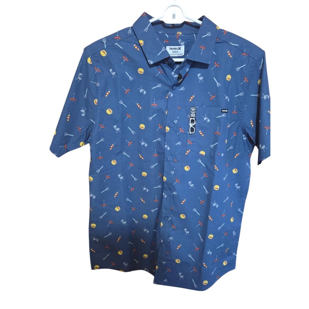 Hurley Men's Casual Button-Down Shirt Blue BBQ Theme Size Small Short Sleeve NWT